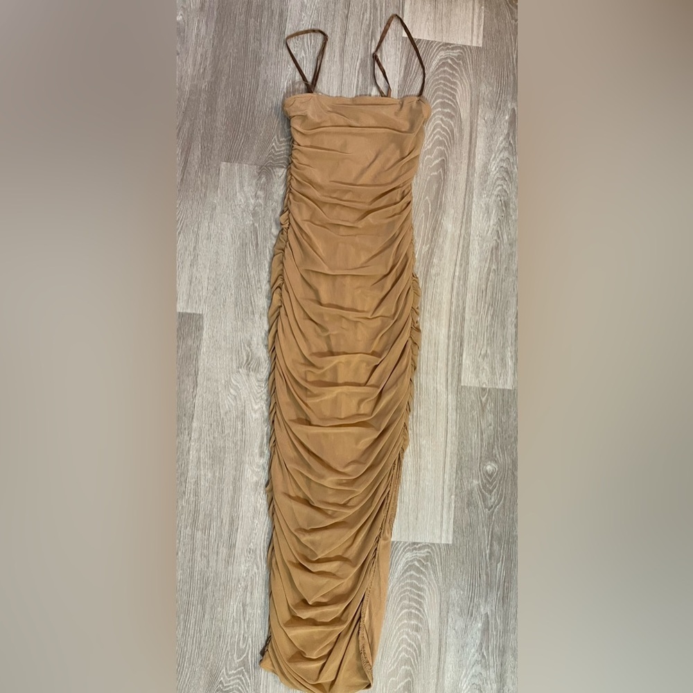 Fashion Nova Tan Ruched Pencil Skirt